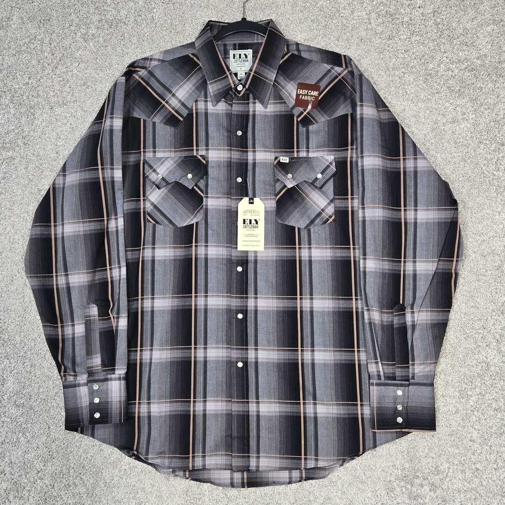 Ely Cattleman Shirt Mens XL Black Gray Plaid Western Pearl Snap Long Sleeve NEW